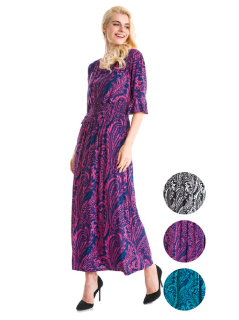Pink & Blue Paisley Maxi Dress with Smocked Waist